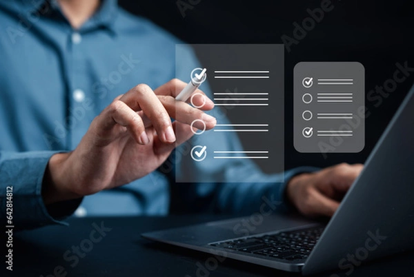 Fototapeta Online survey and digital form checklist by laptop computer, Document Management Checking System, online documentation database and process manage files