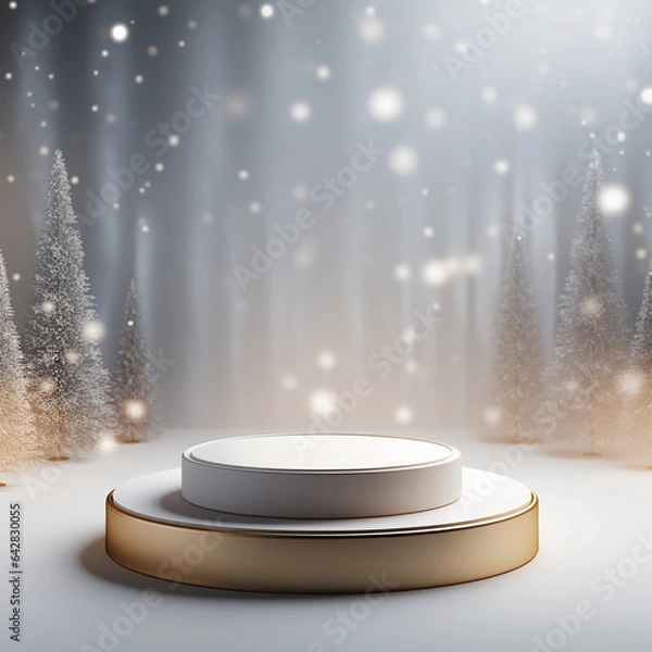 Fototapeta 3D podium display and pine tree, Christmas lights background with snow and 3D modern pedestal design for product showcase presentation, studio lighting, AI generated.