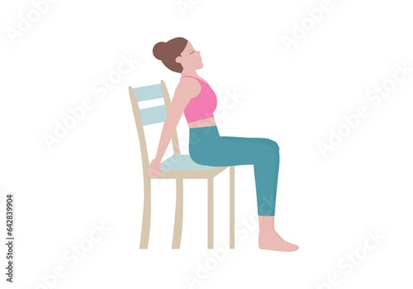 Obraz Exercises that can be done at-home using a sturdy chair.
Come to a sitting position, with your feet flat on the ground and your legs together.  with Camel Pose. Cartoon style.
