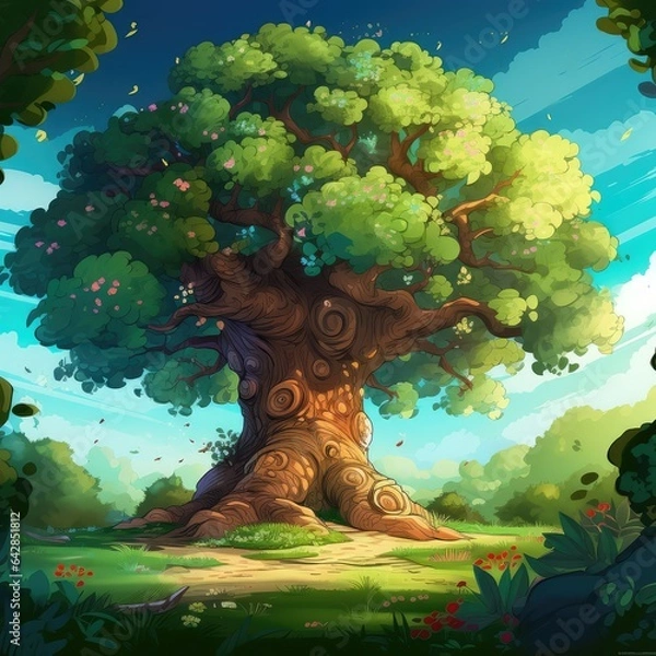 Fototapeta big tree cartoon illustration for children book. Generative AI