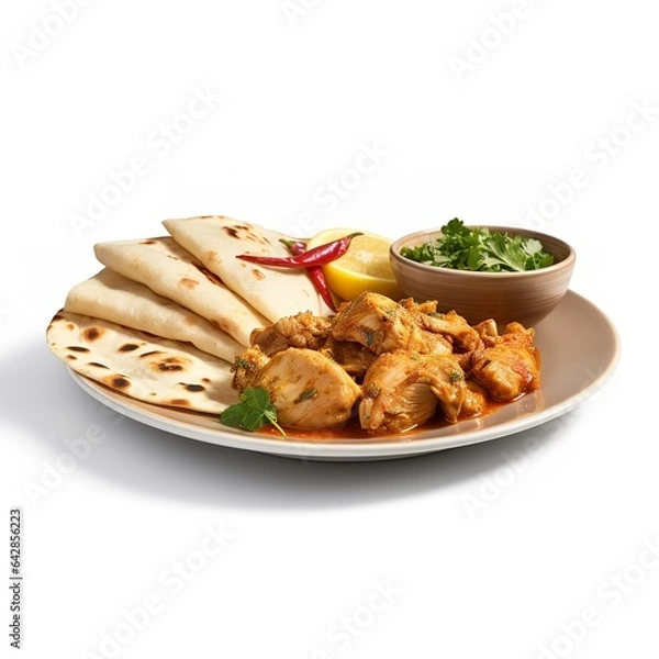 Fototapeta a plate with roti and chicken curry isolated on white background
