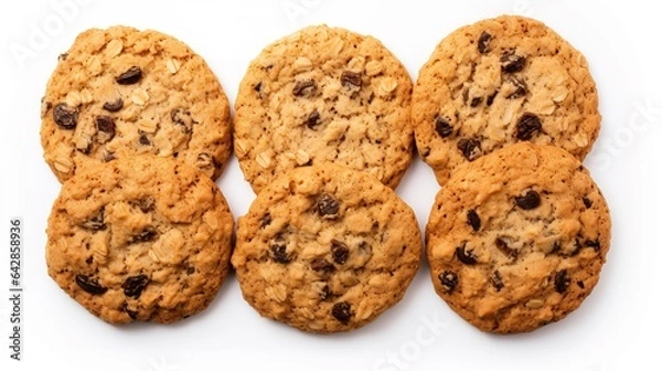 Fototapeta Soft Chewy Oatmeal Raisin Cookies isolated on white background top view