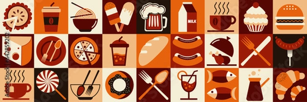 Obraz Food and drink pattern. Set of icons. Geometric pattern. Mosaic style. Autumn palette of colors