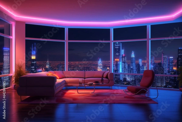 Fototapeta Futuristic Interior of a living room with a panoramic view of the city