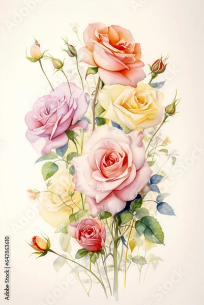 Obraz Watercolor painting of various type of roses for background.