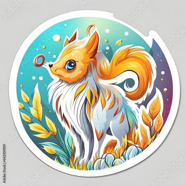 Fototapeta beautiful and colorful sticker of fox standing in colorful space with leaves and flowers isolated on white, Generative AI