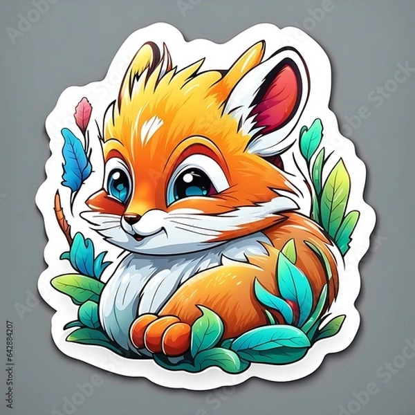 Fototapeta beautiful and colorful sticker of cartoonish rabbit isolated on white, Generative AI