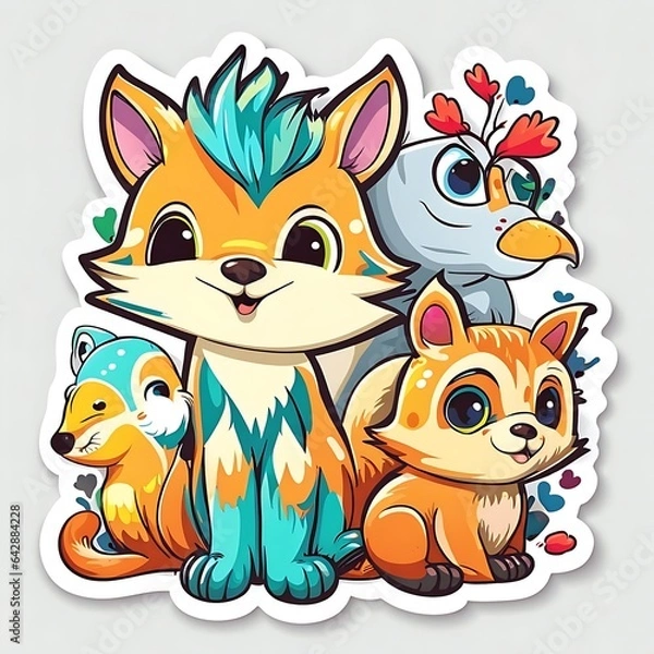 Fototapeta beautiful and colorful multi animals in one sticker isolated on white, Generative AI