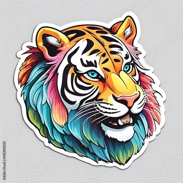 Fototapeta beautiful and colorful tiger head sticker isolated on white background, generative AI