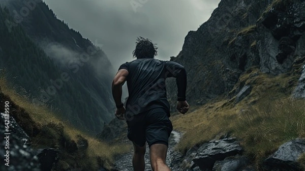 Fototapeta Model running on a rugged mountain trail, showcasing endurance and strength