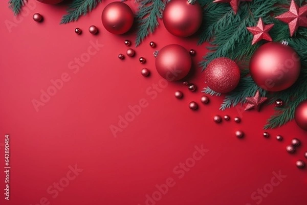 Fototapeta Christmas composition. Christmas red decorations, fir tree branches on red background. Flat lay, top view, copy space. generative ai.
