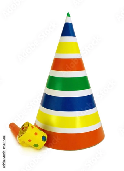 Fototapeta striped hat and noisemaker. isolated on white.