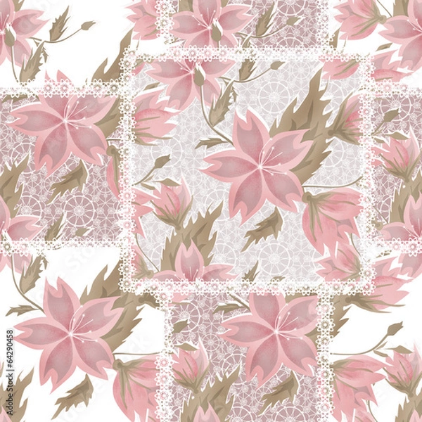 Obraz Patchwork seamless white lace retro pink flowers pattern