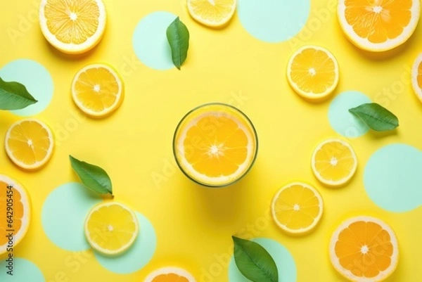 Fototapeta Flat lay, top view composition made from lemons lemon juice and green leaves on pastel yellow background.