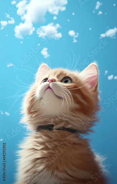 Fototapeta Portrait of cute red kitten on blue sky background. Studio shot. created by generative AI technology.