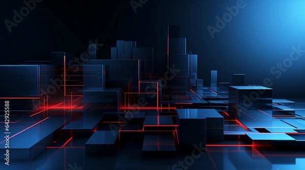 Obraz Dark abstract technology background with blue cubes and red lasers