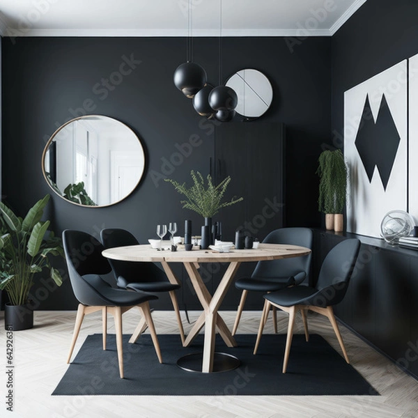 Fototapeta Scandinavian Mid-Century Modern Home Design Living Room, Round Dinning Table and Chairs, Sofa and Cabinet Near Wall, Mock Up Frame Art Posters, Generative AI