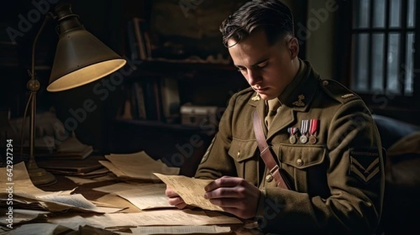 Fototapeta Model in military uniform, staring at old war letters and photographs