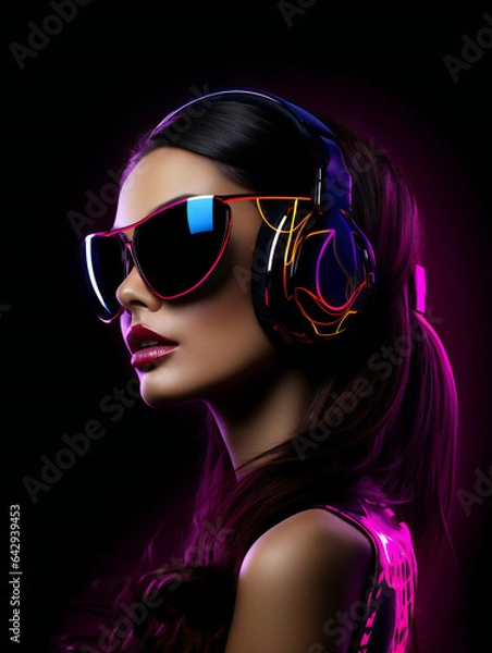 Fototapeta Partying woman portrait with techno theme style. Isolated black background.. Generative AI.