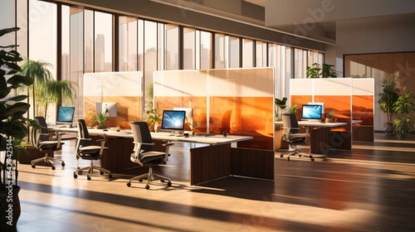Fototapeta Open workspace with acoustic panels, dividers, and task lighting