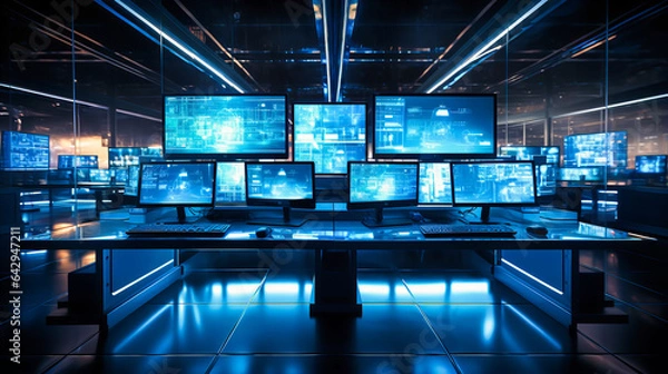 Obraz IT support desk with multiple screens and server racks