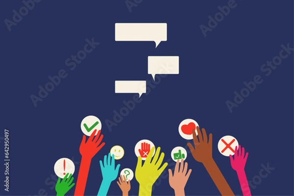 Obraz Hands reach for correspondence. Everyone has their own opinion. Debate. Freedom of speech. Reaction to dialogue.