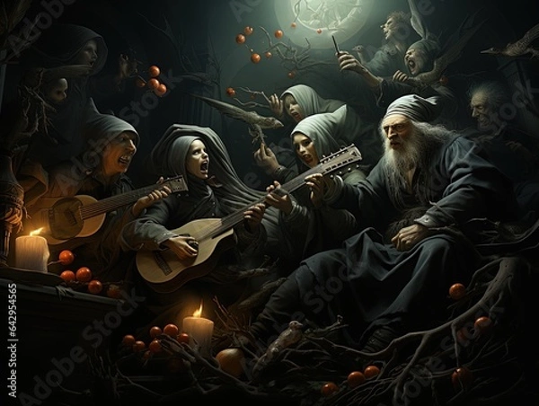 Obraz Halloween background with three wise men, witch, pumpkins and candles