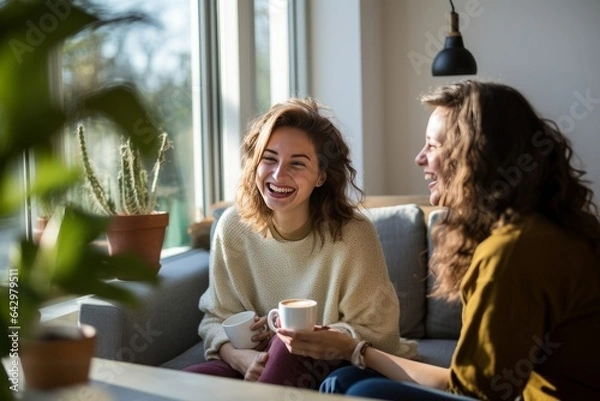 Fototapeta positive joyful Smiling friend woman with friend on sofa. Young females are sitting on sofa in living room. They are relaxing conversation at home