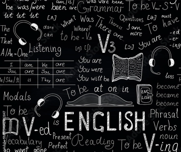 Obraz Educational vector seamless pattern about learning English language, chalk handwritings on a blackboard