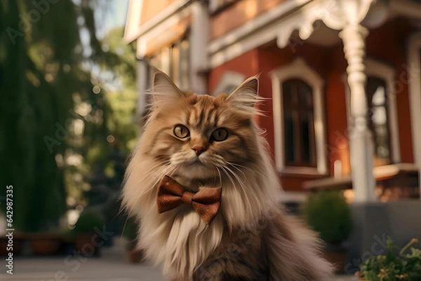 Obraz A cat with a bow tie standing in front of a house.