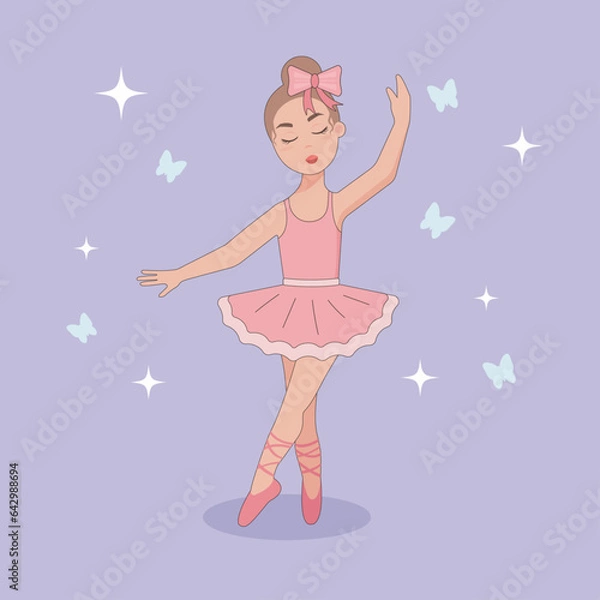 Fototapeta little beautiful girl ballerina vector illustration with sparkles and butterflies on background