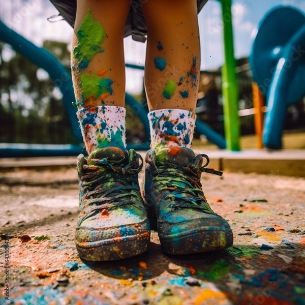 Fototapeta Child's feet close up in paint. Generative AI