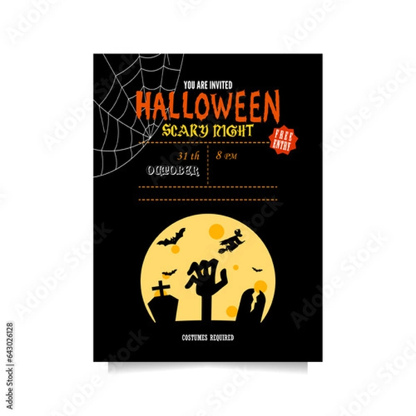 Fototapeta Vector Halloween party invitation with a hand emerging from the ground in the cemetery in the full moon