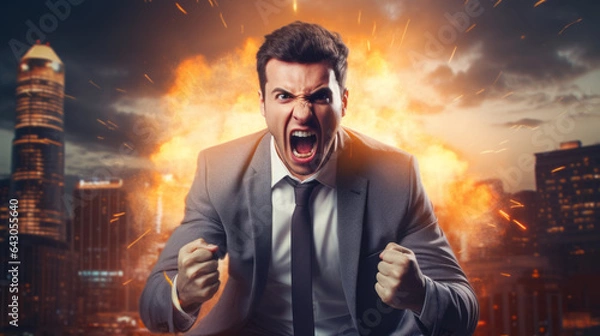 Fototapeta A very angry man. Businessman. Screaming and fire. Furious man. Rage. Anger issues. Venting. Apoplectic. Meltdown. Clenched fist.