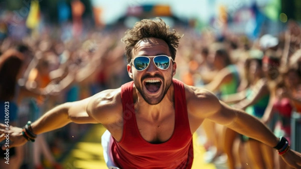 Obraz athlete in vibrant, moisture-wicking fabric crosses a finish line