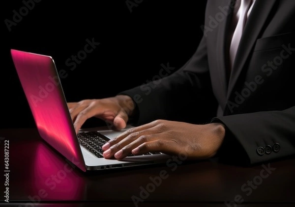 Fototapeta closeup with hand of businessman using laptop, with out door cafe, chilling, technology concept. AI Generative.