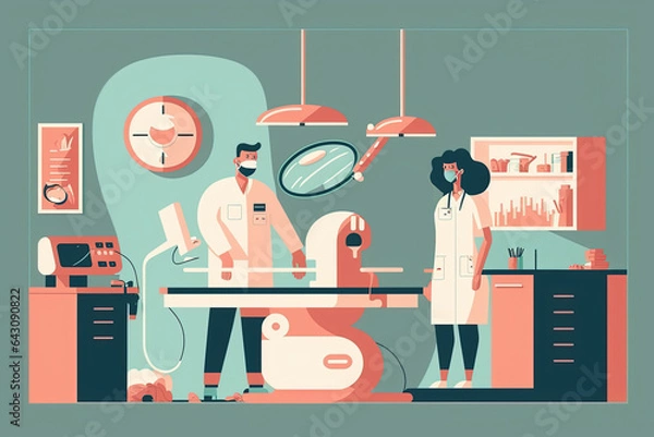 Fototapeta Doctor and nurse near operating table in hospital, illustration generative AI