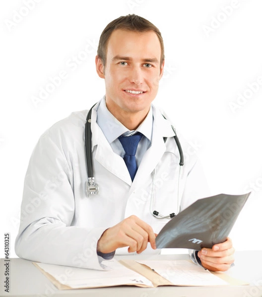 Fototapeta Doctor looking at x-ray on white background
