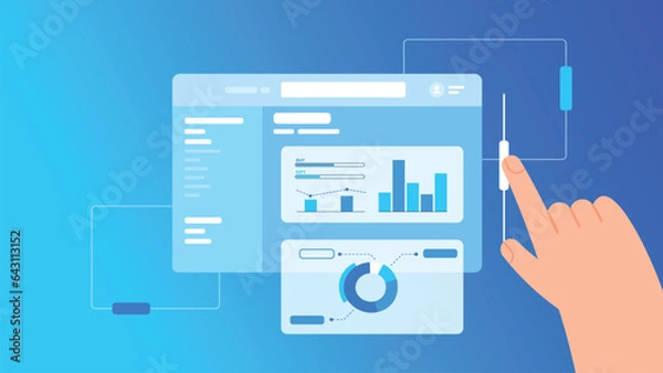 Obraz Vector website computer window with performance chart items and hand, technology gradient background, flat design