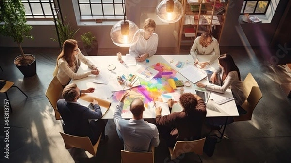 Fototapeta Business model in a brainstorming session, capturing creativity and innovation, set in a colorful collaborative space