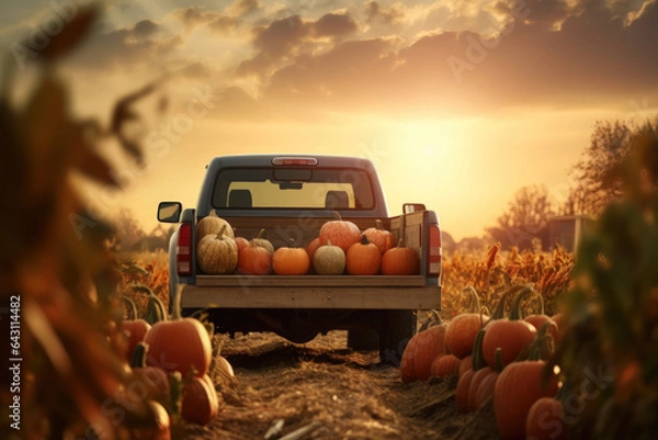 Fototapeta Pickup truck with a trunk full of pumpkins against the backdrop of the setting sun
