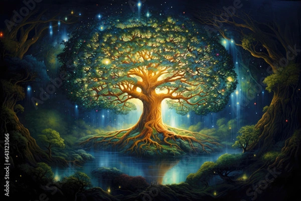 Fototapeta A Painting Of A Tree Surrounded By Water. Сoncept Tree Painting, Impressionist Art, Water Landscapes, Nature Art