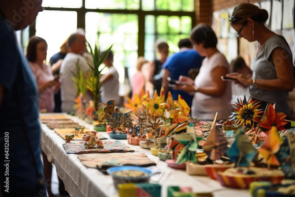 Obraz Community Event Showcasing Upcycled Art And Crafts. Сoncept Upcycling, Community Engagement, Art Crafts, Sustainable Living