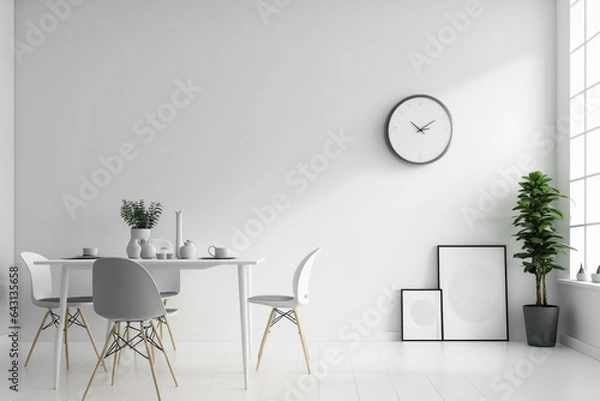 Fototapeta Scandinavian minimalist interior with white blank wall for wall art. Nordic wall decal stock picture. Generative AI