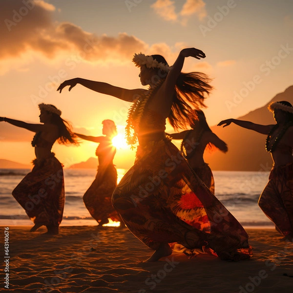 Fototapeta Hawaii Hula dancers on the beach with sunset in the background at a luau.  Generative ai. 