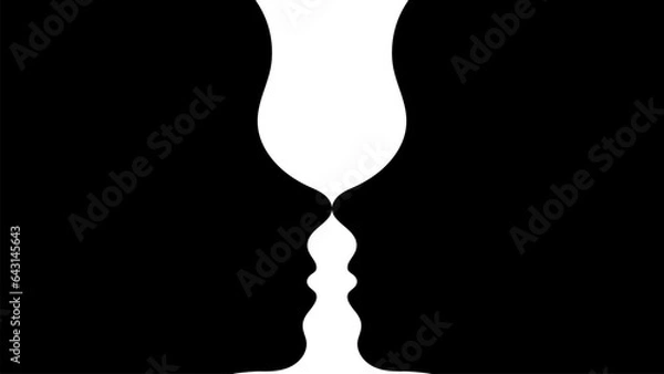 Obraz Optical illusion, two black silhouettes of faces in profile and a white silhouette of a goblet. Vector. Gestalt psychology test. Educational games, psychological books, tests, psychology.