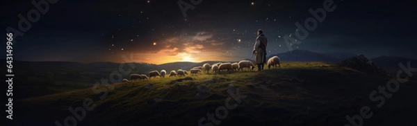 Fototapeta Long banner of shepherd tending his sheep at night under the stars 