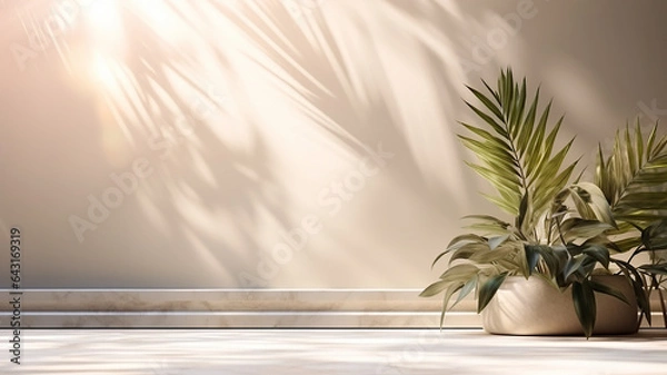 Obraz Minimalistic light Marble background blurred foliage shadow on a light wall for Presentation plants palm leafs