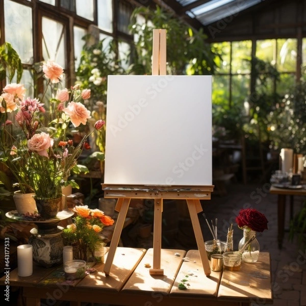 Fototapeta White Board canvas on wood easel in the garden, welcome sign, Seating chart Mockup, Easel Sign Mockup, Wedding Sign Mockup, Welcome Sign Mockup, Easel Mockup, Baby Shower Mockup, 3d render