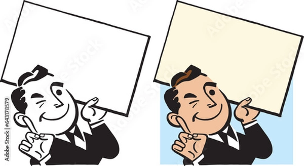 Obraz A vintage retro cartoon of a businessman holding up a blank sign and pointing to it. 